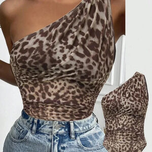 Multicolor Casual Women's Leopard Print Oblique Shoulder Bodysuit
